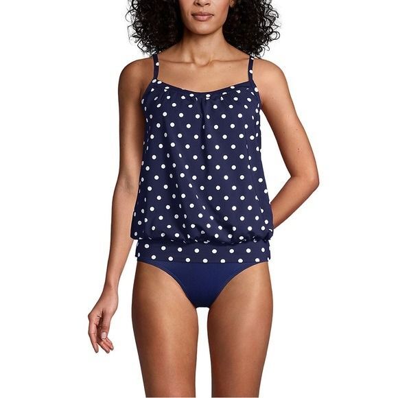 Land's End Chlorine Resistant Blouson Tankini Swimsuit Blue Polka Dot upf50 14DD - Picture 8 of 8